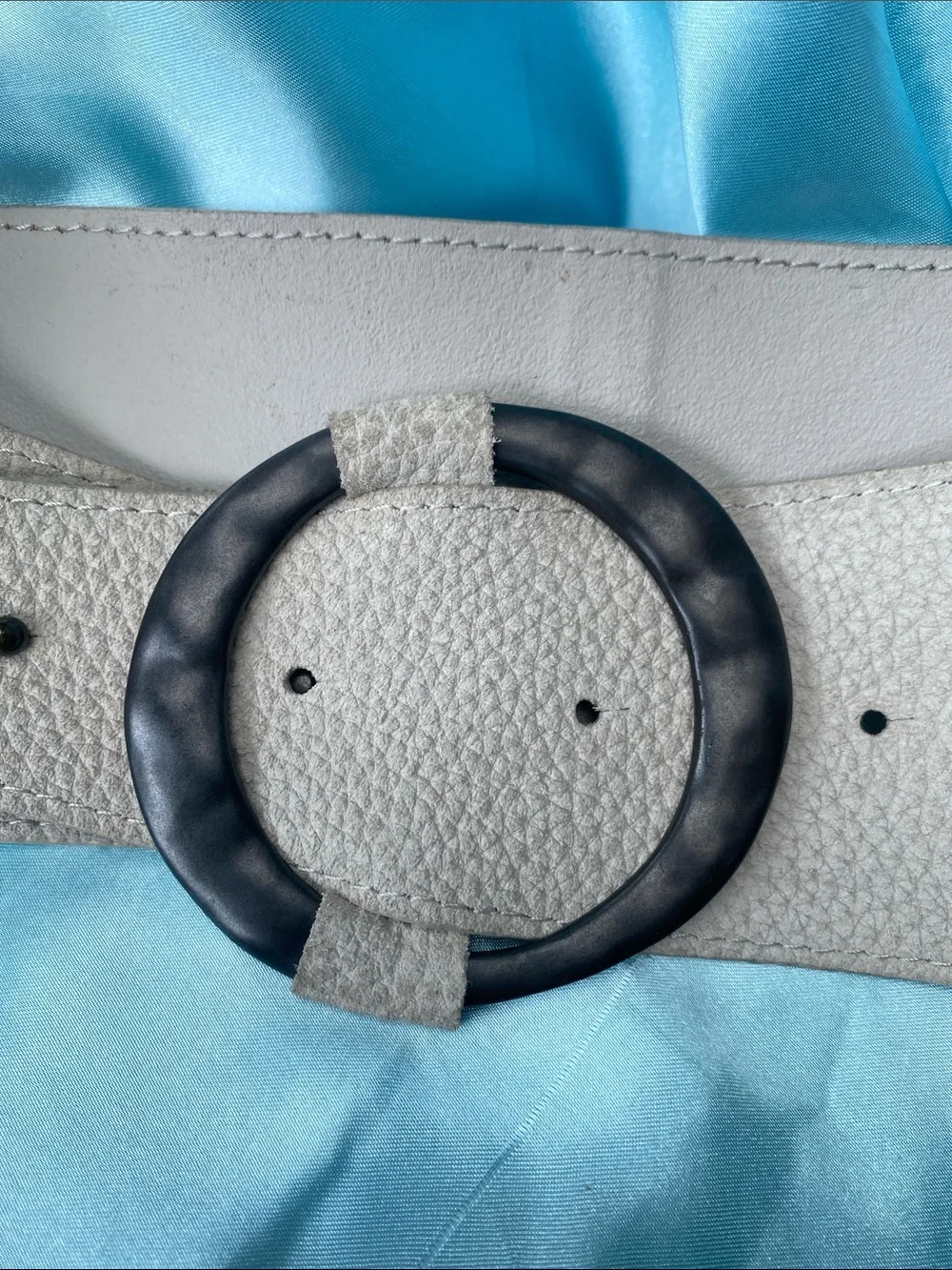 Wide Women's Leather Belt with Round Buckle - Bone Cream Color